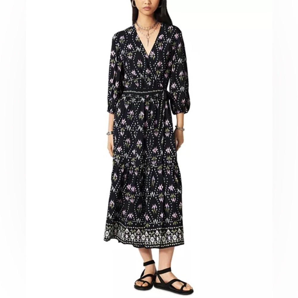NWT BA&SH NERLA BLACK PRINTED WRAP MIDI DRESS SZ M
